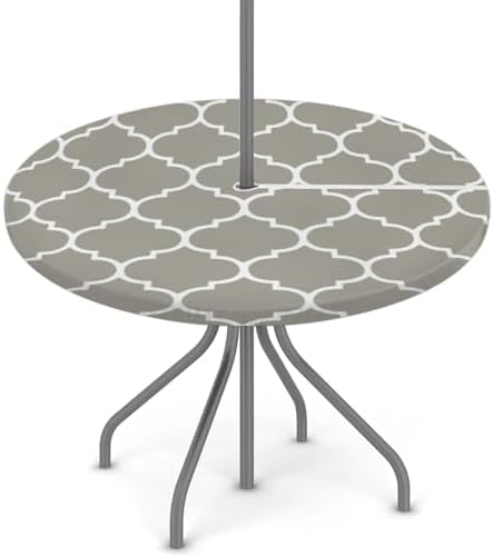 Fitted Round Tablecloth with Umbrella Hole and Zipper Grey Moroccan Outdoor Elastic Table Cloth 45"-56" Oil-Proof Waterproof Patio Table Cover for Dining Picnic Party by GzLeyigouHomeKitchen