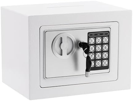 Small Safe Box With Digital Keypad & Keys - 9.05 x 6.7 x 6.7 Inches Wall Safe 0.23 Cuft Mini Security Lock for Coin Home Office Hotel Rooms Business Jewelry Gun (White) by ELLAIG
