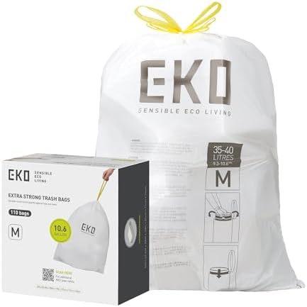 EKO 10.6 Gallon / 35–40 Liter Drawstring Trash Bags, 110 Count Heavy-Duty Tall Kitchen Garbage Can Liners, Extra-Strong Leak-Resistant, Unscented, White, Code M by Unknown