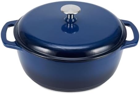 Amazon Basics Enameled Cast Iron Dutch Oven Pot With Lid, 7.3-Quart, Round, Dual Handles, Heavy-Duty, Oven Safe for Stews, Roasting & Baking, Navy by AmazonBasics