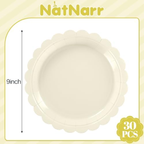 NatNarr 30 Pk Ivory Paper Plates 9" Disposable Scalloped Cream Beige Plates - Image 2