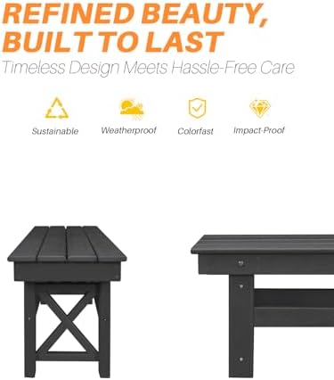 HDPE Outdoor Bench, 55" Patio Bench Outdoor Furniture, Poly Lumber Adirondack Benches, Fade-Resistant HDPE Garden Backless Benches for Park, Poolside, Garden, Porch, Obsidian - Image 4