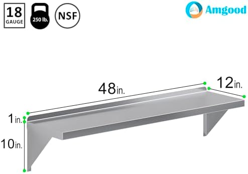 AmGood 12" x 48" Stainless Steel Wall Shelf | Appliance & Equipment Metal Shelving | Kitchen, Restaurant, Garage, Laundry, Utility Room | Heavy Duty | Turned-Down Edge | NSF Certified - Image 3