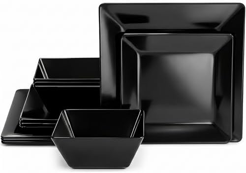 TP 12-Piece Melamine Dinnerware Sets, Square, Service for 4, Black by TastePrime