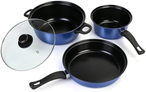 Non-Stick Cookware Set, 4 Piece Set Portable Lightweight Cast Iron Pots and Pans with Glass Lids and Nylon Utensils for Outdoor Camping Picnic Travel Blue by Pleasthome