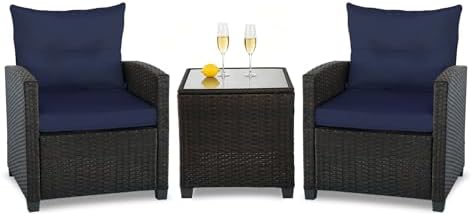 3 PCS Patio Wicker Conversation Set Sofa Table Dark Blue Cushion - Image 2