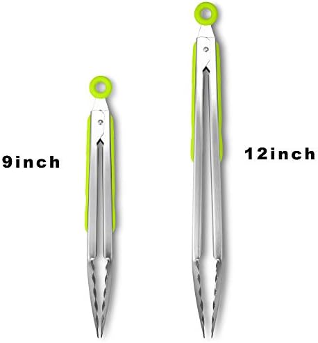 Premium 304 Stainless Steel Tongs Set – 12" Grill Tongs & 9" Cooking Tongs, Heat Resistant up to 600°F, Wavy Grip Head, Non‑Slip Handle with Locking Clip & Hanging Loop, Dishwasher Safe, Green - Image 3
