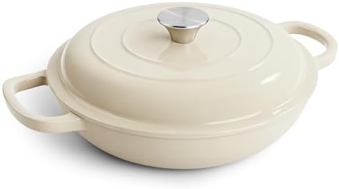 3 Quart Enameled Cast Iron Braiser, Non Stick Enameled Cast Iron Skillet with Lid, Dutch Oven Skillet with lid up to 500°F for Oven, Stove, Grill, Shallow Dutch Oven for Cook, Bake (Beige) by Fijinhom
