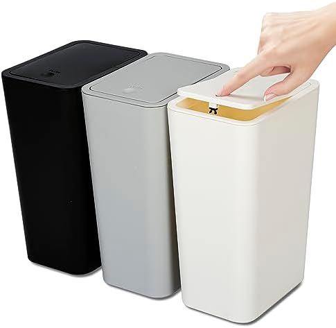 N. NETDOT 3 Pack 10L/2.6 Gal Bathroom Trash Can with Lid, Bin Press Small Can/Slim Garbage Cans/Waste Basket for Bathroom,Kitchen,Office,Bedroom - Black,Gray,Off White NDTR001 by NNETDOT