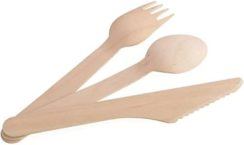 300 Pack Disposable Wooden Cutlery Assortment - 100 Knives, 100 Forks, 100 Spoons | Eco-Friendly Biodegradable Birch Wood Utensils for Parties & Picnics - Image 2