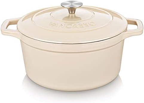 vancasso 6 Qt Round Enameled Cast Iron Dutch Oven with Lid & Handles, Cream by vancasso