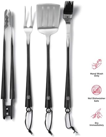 Schmidt Brothers - BBQ Carbon 6, 4-Piece Grilling Accessory Set, Full-Forged Stainless Steel Grilling Utensils Including Spatula, Fork, Basting Brush, and Tongs with All Wood Handles - Image 2