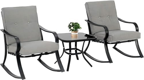 Oakcloud Oakmont Outdoor Furniture 3 Piece Conversation Bistro Set Rocking Chairs and Glass Top Table, Thick Cushions, Black Steel (Grey) by OckcloudPatioFurniture