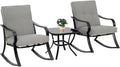 Oakcloud Oakmont Outdoor Furniture 3 Piece Conversation Bistro Set Rocking Chairs and Glass Top Table, Thick Cushions, Black Steel (Grey) by OckcloudPatioFurniture