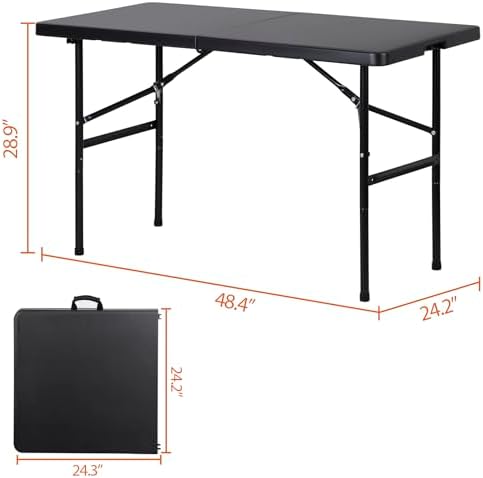 SUPER DEAL Portable 4 Foot Plastic Folding Table, Indoor Outdoor Heavy Duty Fold-in-Half Picnic Party Camping Barbecues Table with Carrying Handle, Black - Image 3