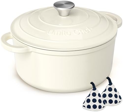 Enameled Cast Iron Dutch Oven - Umite Chef 5QT Pot with Lid & Cotton Potholders - Heavy-Duty Cookware for Bread Baking, Braising, Stews, Roasting(Cream White) by UmiteChef