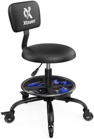 Rolling Shop Stool with Wheels, Mechanic Stool Chair with Backrest by Xtsuen