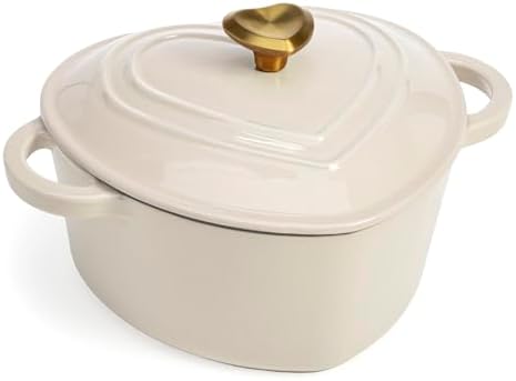 Paris Hilton Enameled Cast Iron Dutch Oven Pot with Lid, Heart-Shaped Dutch Oven, Durable Cast Iron Pot with Dual Handles, Oven Safe to 500°F, Works on All Stovetops, 4-Quart, Cream by TheWorldofParisHilton