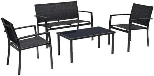Greesum 4 Pieces Patio Furniture Set Outdoor Conversation Textilene Fabric Chairs for Lawn, Garden, Balcony, Poolside with A Glass Coffee Table, Black by BuynowfromGreesum