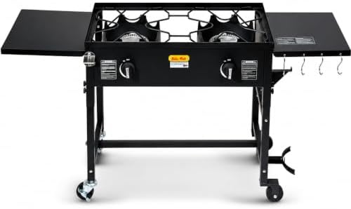 Barton Outdoor Camping Propane Double Burner Stove Cook Cooking Station Stand Picnic BBQ Grill 58,000 BTU, with 2 Side Shelves, Hose & Regulator Included for Backyard BBQ, Tailgating, Camping - Image 5