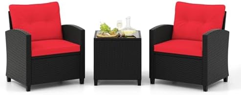 Tangkula 3 Pieces Patio Furniture Set, Rattan Conversation Set w/Soft Seat & Back Cushions, Tempered Glass Topped Coffee Table, Cushioned Wicker Seating for Backyard, Porch, Poolside (Red) by TANGKULA