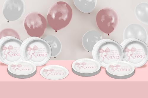 Pink Bows First Birthday - 32 Piece Disposable Party Supplies - Decorations for Girl's 1st Birthday Round Party Plates - Large 9" Paper Plates In Bulk - Image 6