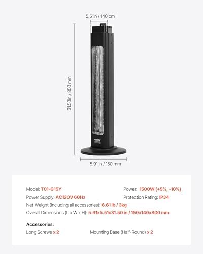 VEVOR Infrared Heater, 1500W, Electric Space Heater with 3 Speeds & 24H Timer & Multiple Security Protections, Quality Infrared Heating Tubes, Indoor/Outdoor for Bedroom, Studio, Porch, Dining Room - Image 7