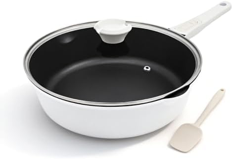 10 Inch Deep Frying Pan Skillet with Lid, Saute Pan Nonstick,White by Bobikuke