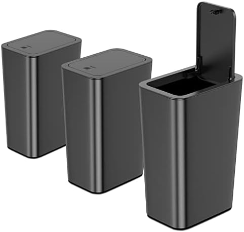 NETDOT 3 Pack 10 L/2.6 Gal Bathroom & Kitchen Trash Can with Press Type Lid, Black Slim Garbage Cans for Bathroom, Kitchen, Office, Bedroom by NNETDOT