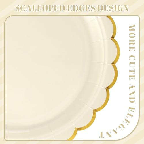 NatNarr 30 Pk Ivory Paper Plates 9" Scalloped Cream Plates with Gold Rim - Image 3