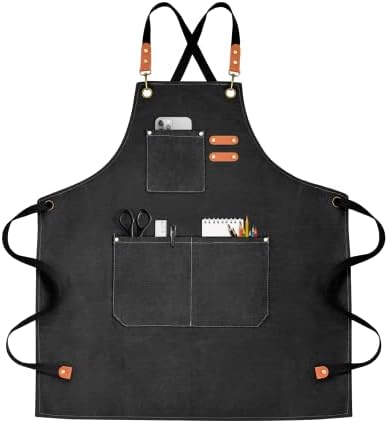 OUNLEN Chef Apron for Men Women Canvas Aprons with 3 Pockets Cross Back Resistant Work Apron for Cooking by OUNLENAPRON