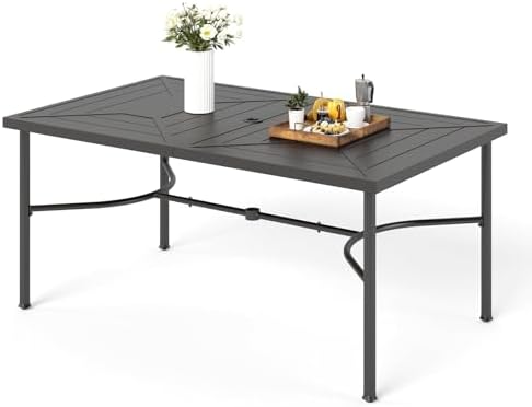 MFSTUDIO Patio Table for 6, 64" Black Metal Dining Table w/Umbrella Hole by MFSTUDIO