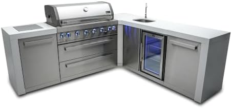Mont Alpi Premium 94"W x 88"D L-shaped Deluxe Stainless Steel Modular Outdoor Kitchen Island with Beverage Center Refrigerator Faucet & Sink + 44"W 6-Burner BBQ Gas Grill + Storage Cabinets & Drawers by MontAlpi