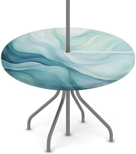 Fitted Round Tablecloth with Umbrella Hole and Zipper Abstract Teal Blue Outdoor Elastic Table Cloth 45"-56" Oil-Proof Waterproof Texture Patio Table Cover for Party Outdoor by GzLeyigouHomeKitchen