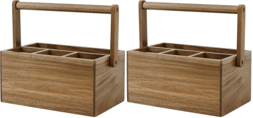VaeFae Acacia Silverware Caddy with Handle, Wooden Utensil Holder, Mulip-pose Organizer for Kitchen, Office, Bathroom, Bedroom (Pack of 2) by VaeFaeDirect