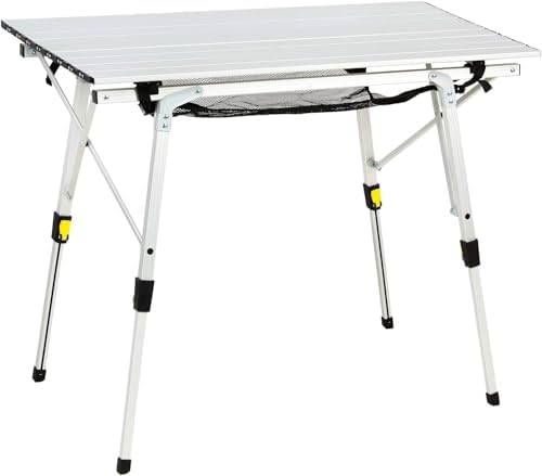 Portal Outdoor Folding Portable Picnic Camping Table with Adjustable Height Aluminum Roll Up Table Top Mesh Layer, Silver by PORTAL
