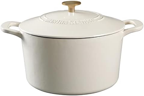 MARTHA STEWART Gatwick 7-Quart Enamel Cast Iron Dutch Oven – Linen White With Gold – Heavy-Duty Dutch Oven for Slow Cooking, Braising & Baking by MarthaStewart