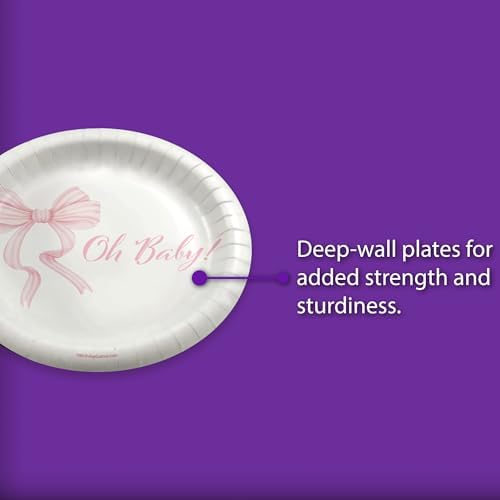 Birthday Galore Pink Bows Oh Baby Baby Shower - 32 Piece Disposable Party Supplies - Girl's Baby Shower Decorations - Round Party Plates - Large 9" Paper Plates In Bulk - Image 4