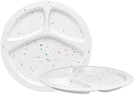 bzyoo 11-Inch Divided Plates Set of 2, 100% Melamine Portion Control Plates for Adults & Kids, Modern Confetti Pattern, BPA-Free & Dishwasher Safe, Ideal for Camping, RV, and Daily Use (White) by bzyoo