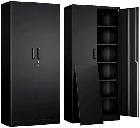 Yizosh Metal Garage Storage Cabinet with 2 Doors and 5 Adjustable Shelves - 71" Steel Lockable File Cabinet,Locking Tool Cabinets for Office,Home,Garage,Gym,School (Black) by Yizosh