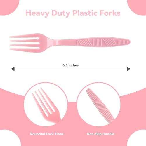 Pink Plastic Forks Heavy Duty, Disposable Party Supplies 104 PCS - Image 2