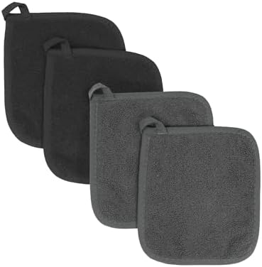 RITZ Terry Potholder & Hot Pad: Unparalleled Heat Resistant, Durable 100% Cotton – Ergonomically Designed for Optimal Grip – Easy-Care Machine Washable – 4-Pack, Black/Graphite by RITZ
