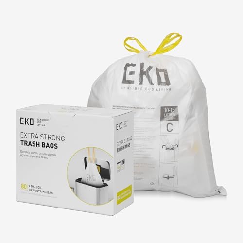 EKO 4 Gallon / 10-15 Liter, 80 Count Small Drawstring Trash Bags, Extra-Strong Unscented Garbage Bags, Easy-Dispense Roll for Kitchen & Household Use, Resists Tears, Leaks and Punctures, Code C, White by Unknown