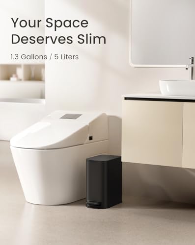 Cesun Small Black Bathroom Trash Can with Lid Soft Close & Pedal, 1.3 Gal - Image 2