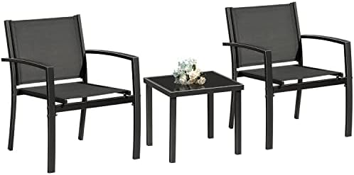 Greesum 3 Pieces Patio Furniture Outdoor Bistro Set Textilene Fabric Chairs for Lawn, Garden, Balcony, Poolside with A Glass Coffee Table, Black - Image 2