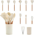 GreenLife 11 Piece Silicone Utensil Crock Set, Nonstick Kitchen Tools, Ladle, Turner, Slotted Turner, Spatula, Spoon, Spaghetti Server, Brush, Whisk, Tongs, Crock, Cream White by GreenLife
