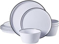 Gibson Home Folsom Shores 12 Piece Unbreakable Modern Melamine Plates and Bowls Dinnerware Set - Outdoor, Camping, & Everyday Use - White W/Black Rim by GibsonHomewares