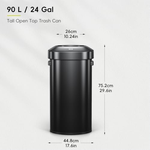 EKO Urban 24 Gallon Round Black Stainless Steel Open Top Waste Bin, Tall Commercial Trash Can for Indoor/Outdoor, Extra Large Metal Garbage Bin for Office, Restaurant, Restroom, 90L - Image 2