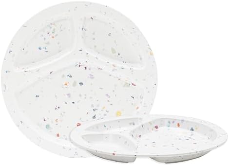 Bzyoo 9-Inch Melamine Divided Plates – 3-Section Portion Control Plates, Food Safe & Durable, Lightweight & Unbreakable, Reusable Tableware for Kids, Big Kids & Everyday Meals, Confetti White by bzyoo
