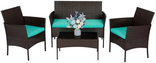 FDW 4-Piece Patio Furniture Set | Brown & Blue | Outdoor Wicker Furniture by FDW